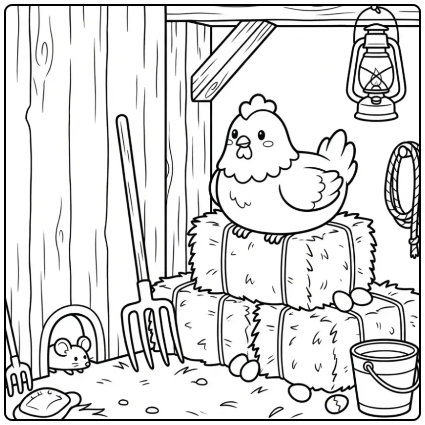 Schattige kleurplaat kip staand op hooi in de stal.