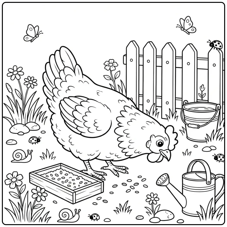 Leuke kleurplaat kip pikt graantjes bij een houten hek.