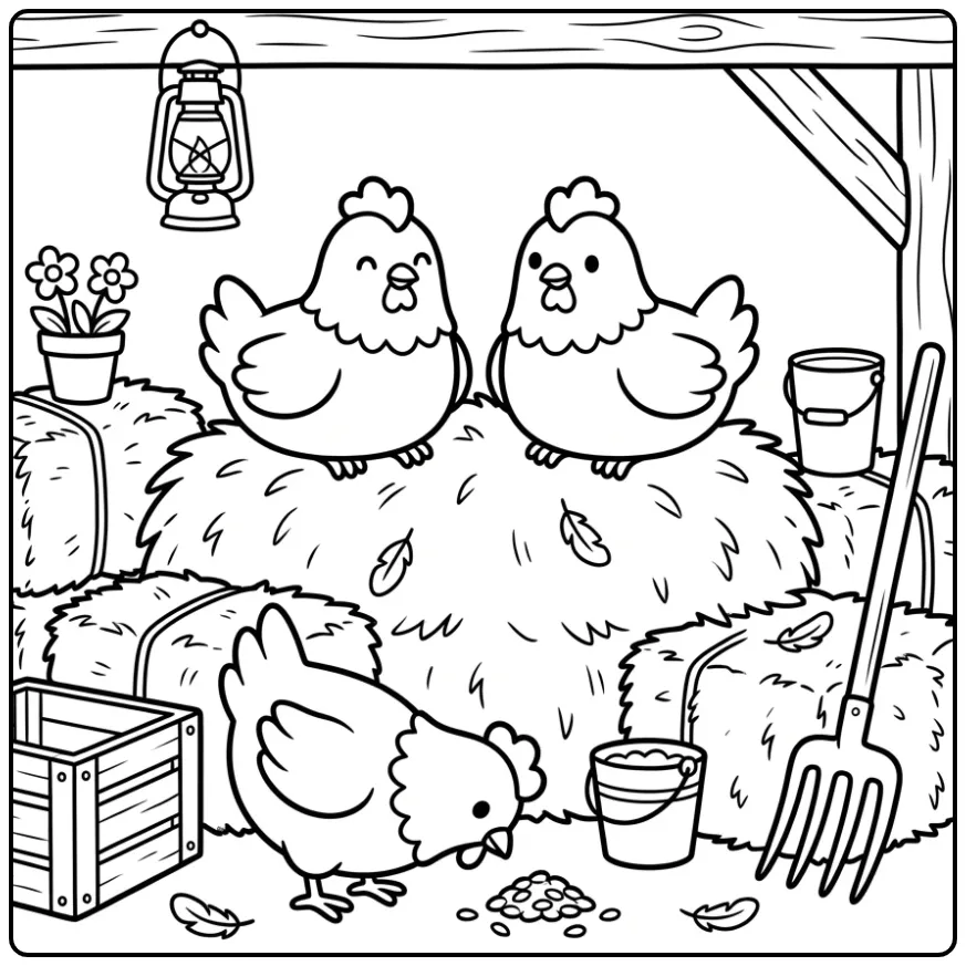 Kleurplaat kippen op een hooibaal in de schuur.