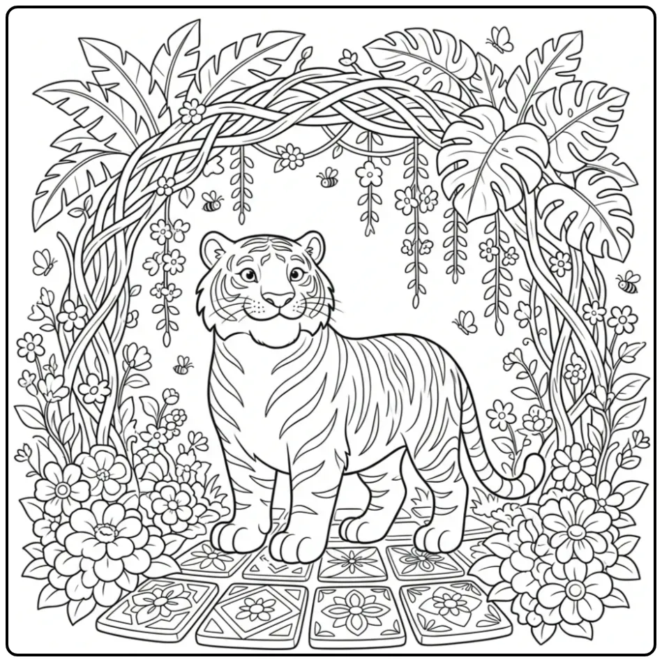 Gedetailleerde kleurplaat tijger volwassenen in een tuin