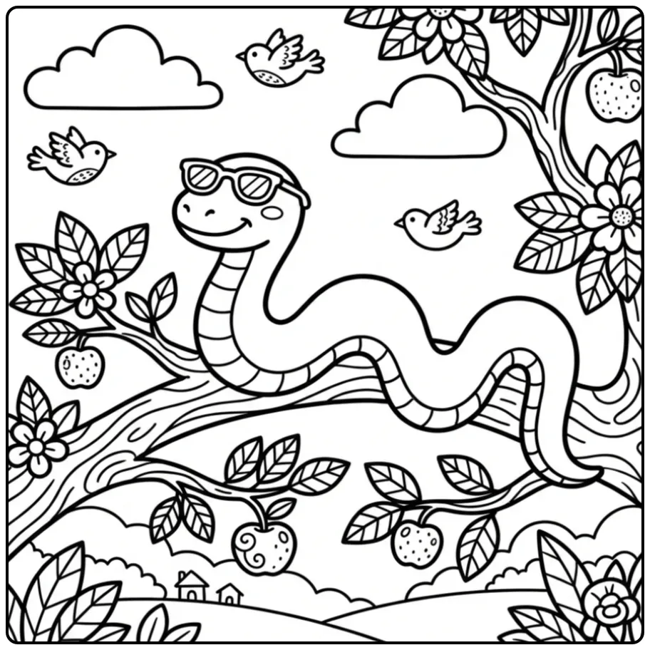 Leuke kleurplaat slang in boom zonnend op hoge takken