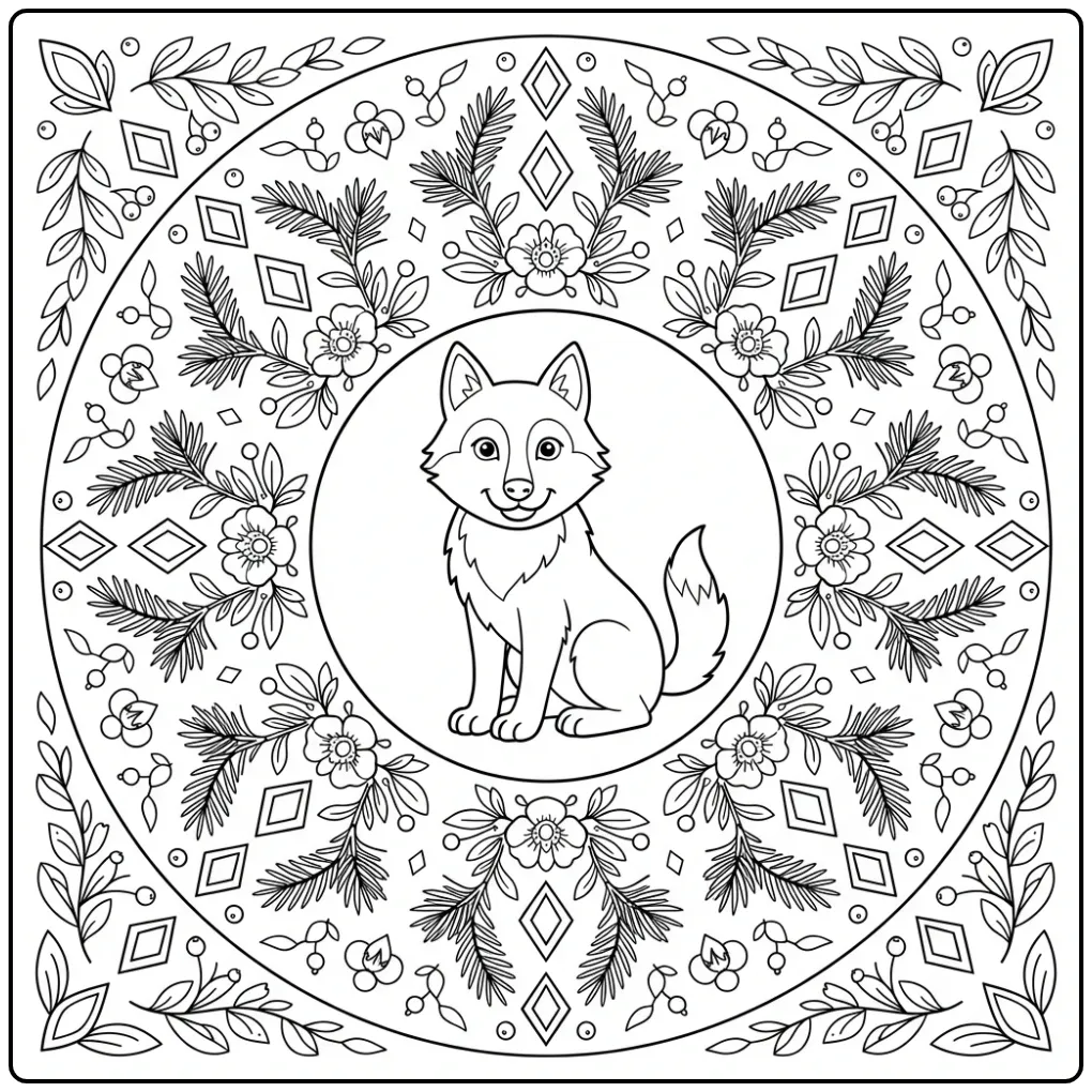 Schattige kleurplaat wolf mandala met dennen en bloemen.