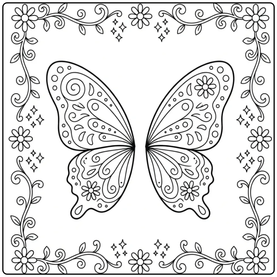 Leuke vlinder vleugels kleurplaat met bloemen en sterretjes