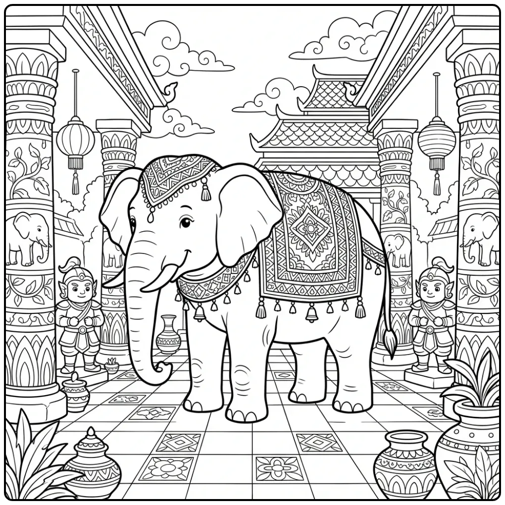 Gedetailleerde kleurplaat olifant moeilijk in oude tempel.