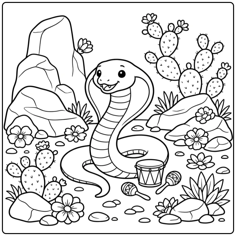 Vrolijke dansende slang op deze leuke cobra kleurplaat.