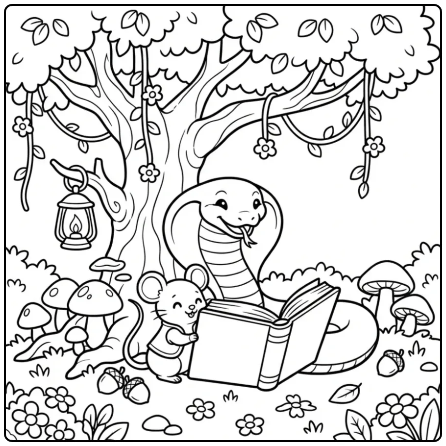 Schattige cobra kleurplaat met een muisje en een groot boek.