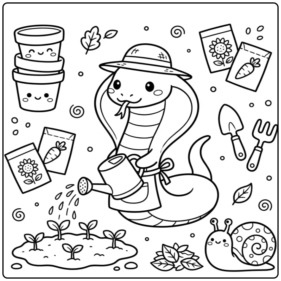 Schattige cobra kleurplaat als tuinier met gieter en slak.