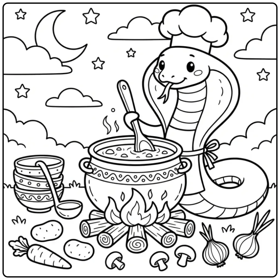 Een schattige cobra kleurplaat chef met een grote soeppan