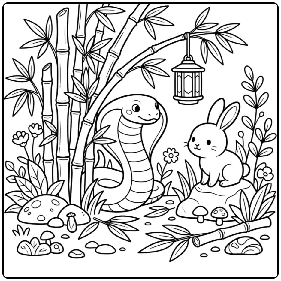 Leuke cobra kleurplaat tussen bamboe met een konijn.