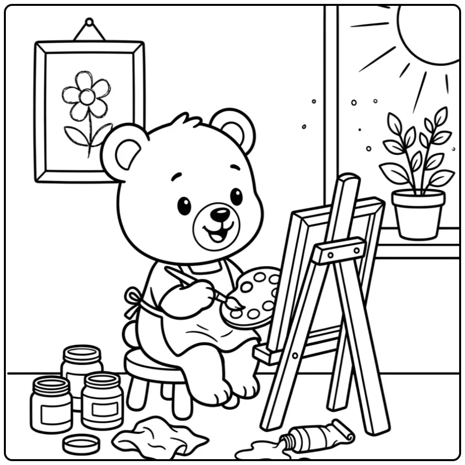 Schattige kleurplaat beertje schildert op een kleine ezel.