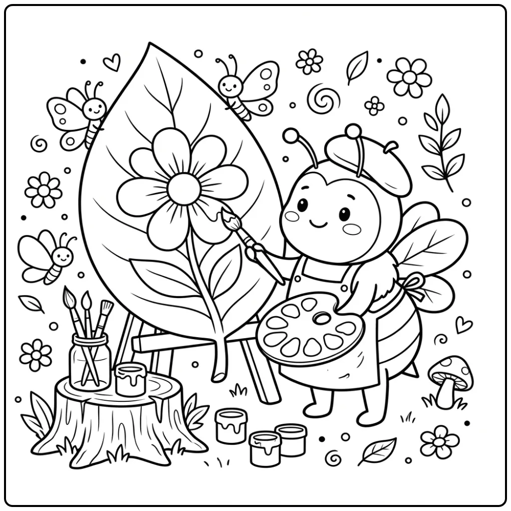 Schattige bijen kleurplaat van een schilderende bij op blad.