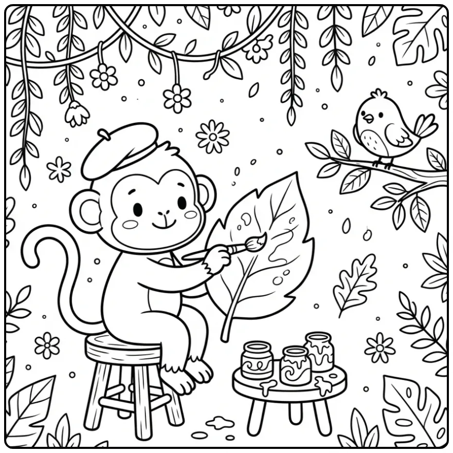 Een vrolijke kleurplaat aap met verf en een kwast.