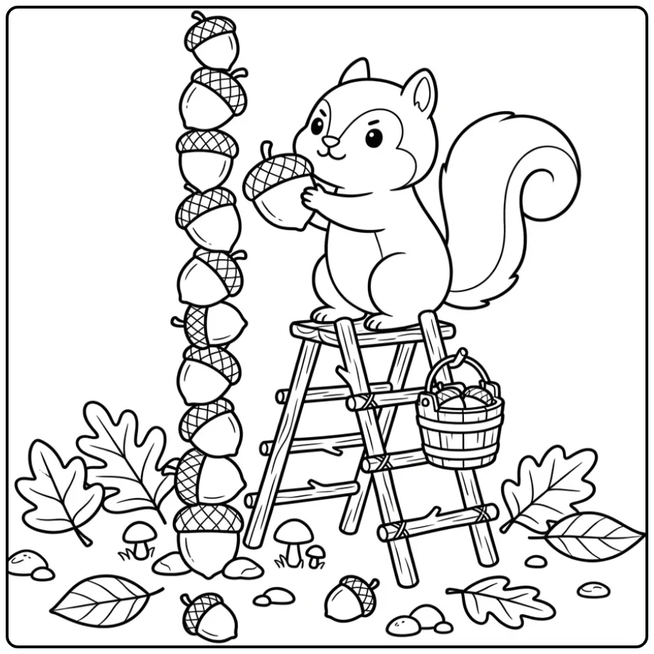 Leuke kleurplaat eekhoorn met eikel en hoge toren.