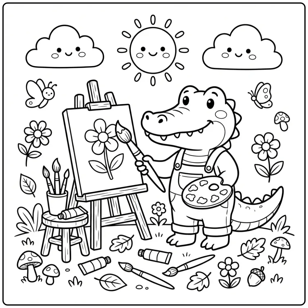 Leuke kleurplaat krokodil schildert een canvas in de zon.