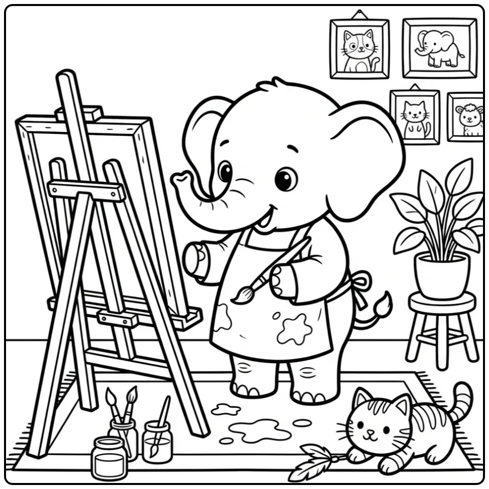 Een schattige kleurplaat olifant die schildert op een ezel.