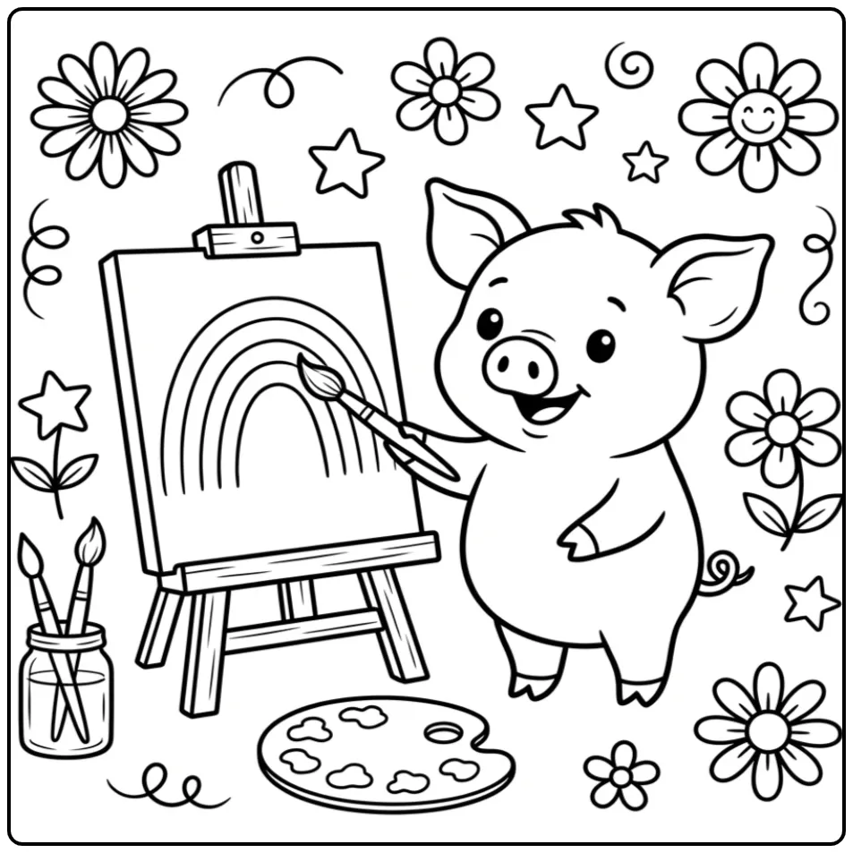 Een kleurplaat varken schattig schildert een regenboog.