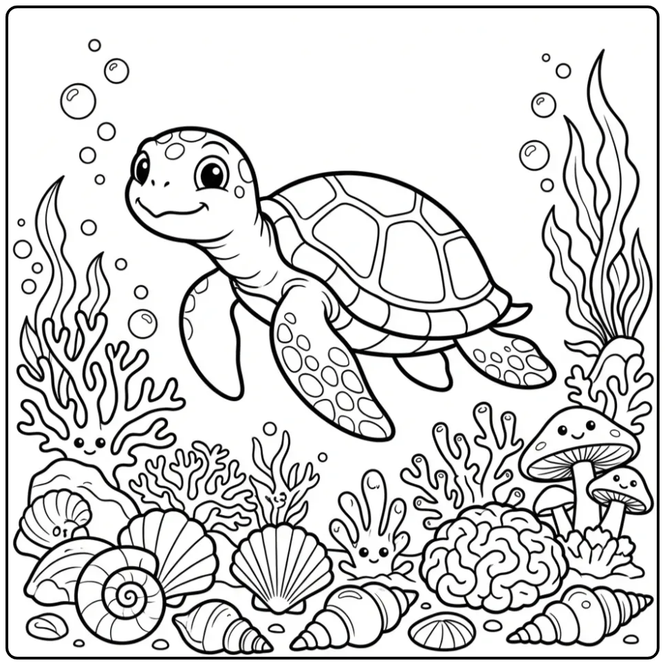 Detailrijke kleurplaat volwassenen schildpad in de oceaan.