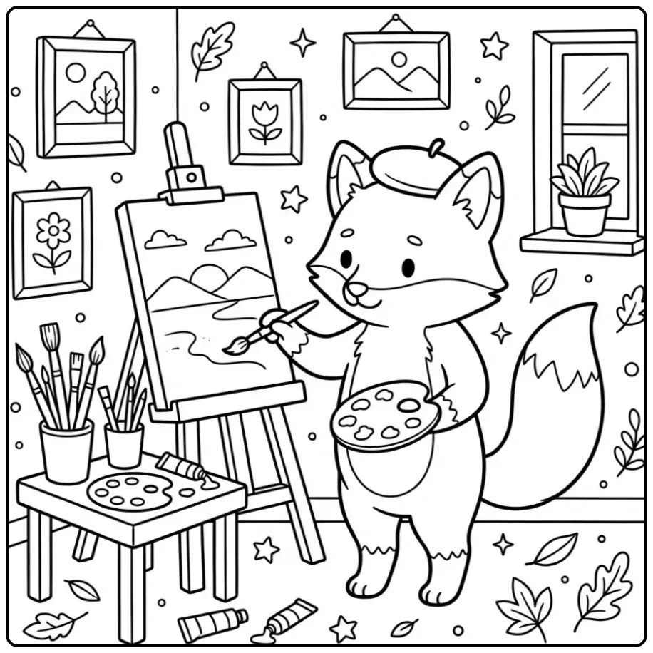 Schattige kleurplaat vos die schildert aan een ezel.