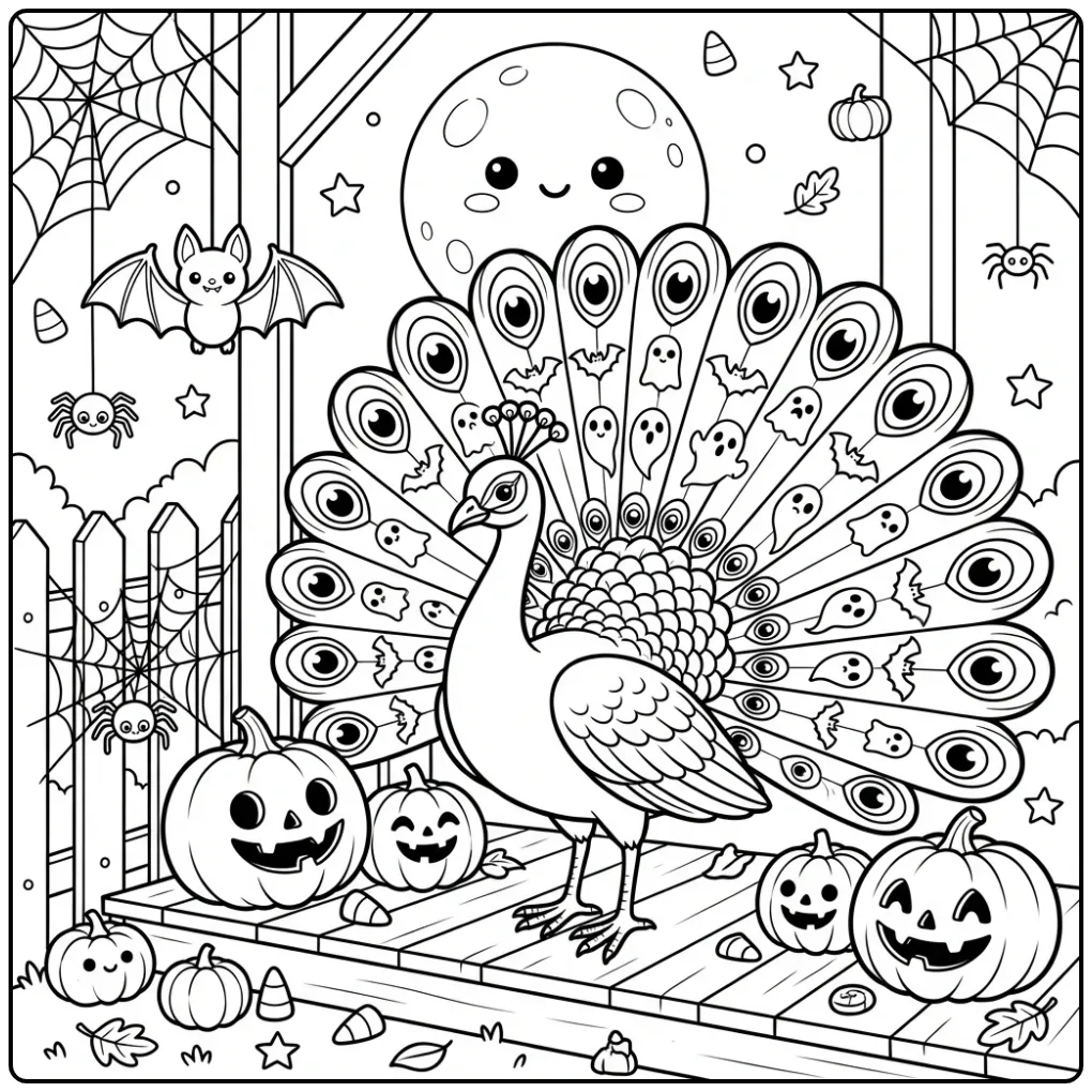 Pauw Halloween kleurplaat met pompoenen en volle maan.
