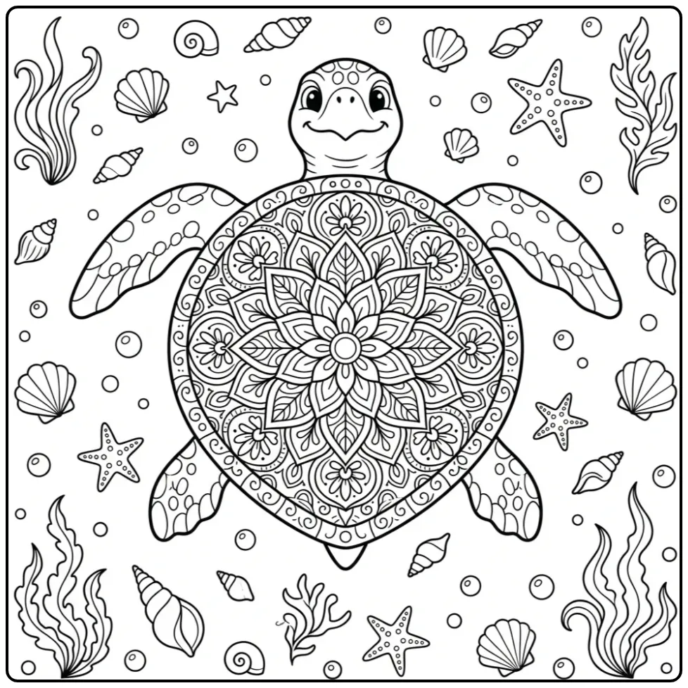 Prachtige kleurplaat mandala schildpad met sierlijk schild