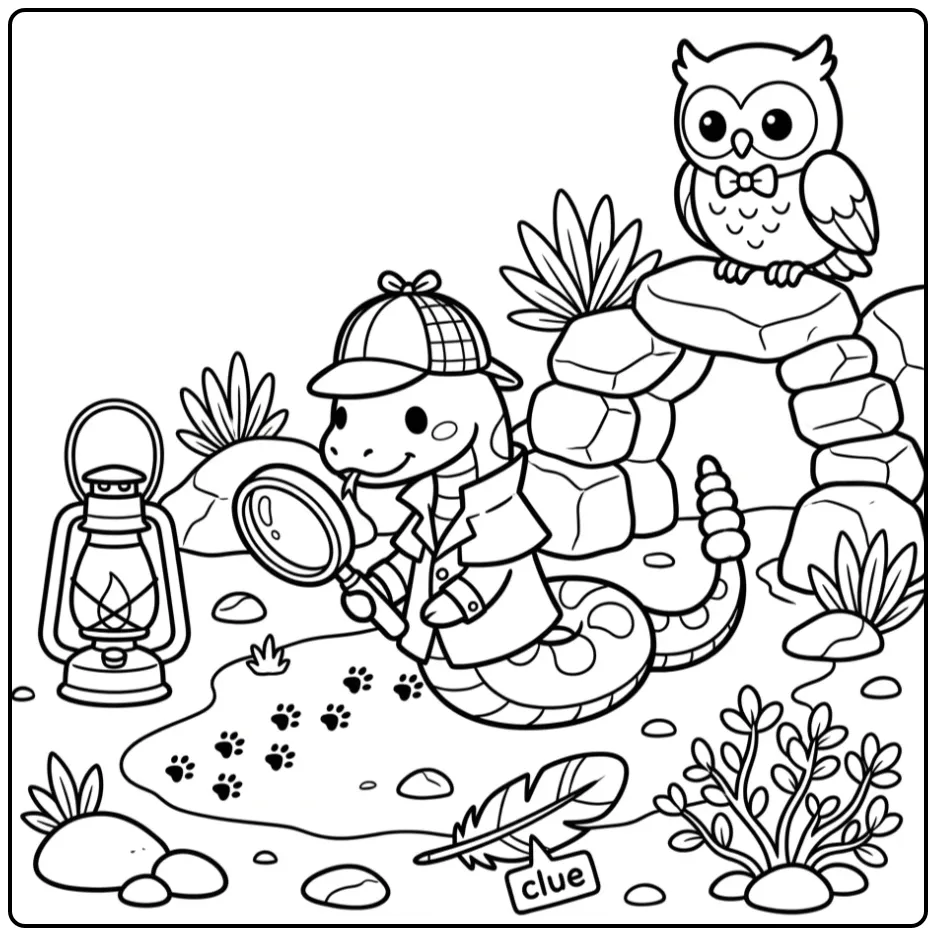 Schattige kleurplaat ratelslang zoekt sporen bij een grot.