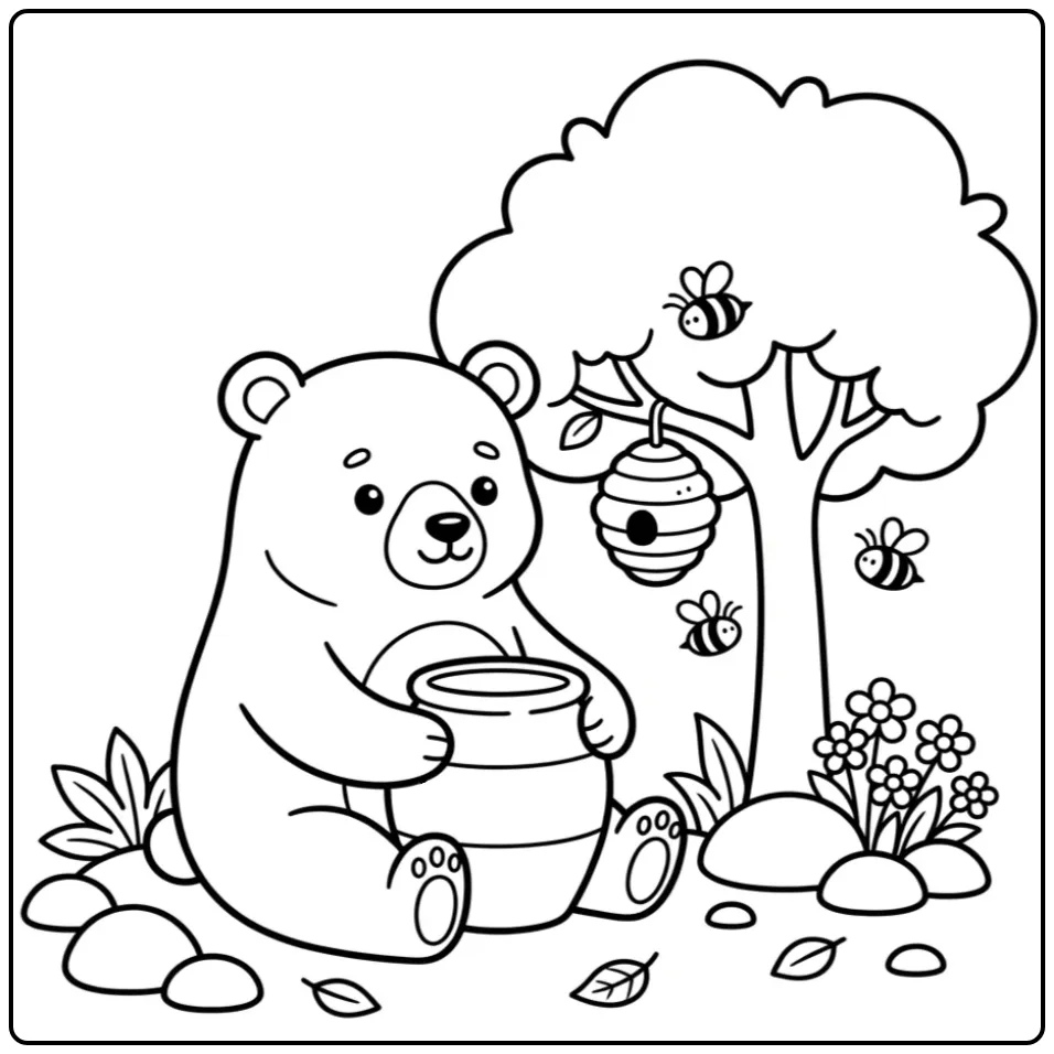 Leuke beer kleurplaat makkelijk met honingpot en bijenkorf.