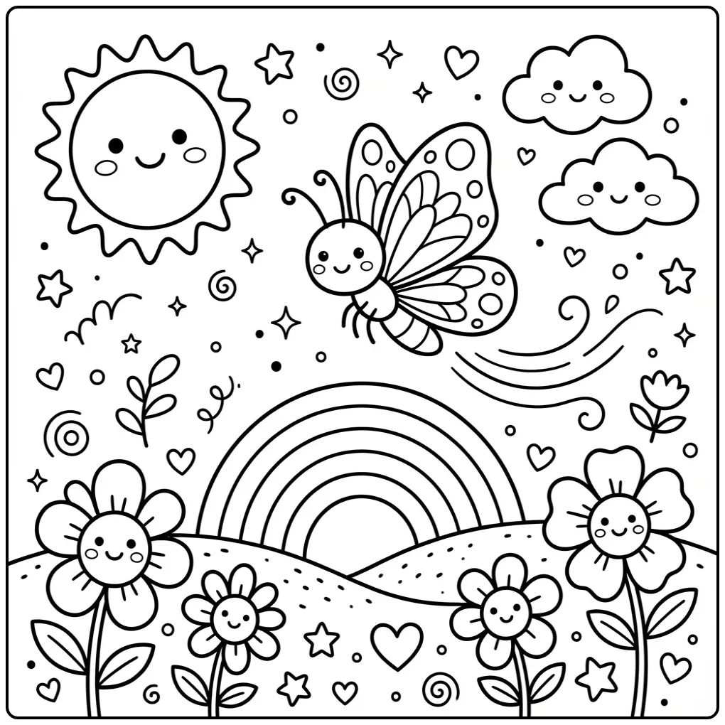 Een leuke kleurplaat vlinder peuter met regenboog en bloemen.