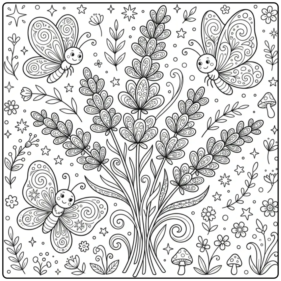 Mooie kleurplaat bloemen en vlinders volwassenen met lavendel