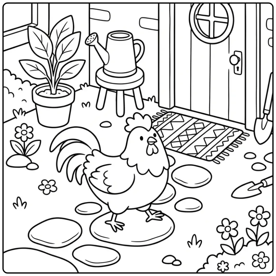 Vrolijke kleurplaat haan stapt door een nette binnenplaats.