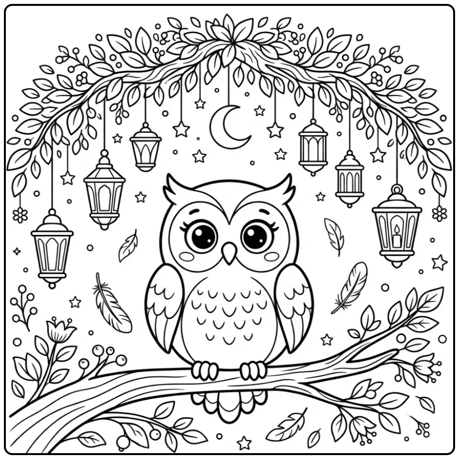Een schattige kleurplaat uil op tak met lantaarns en maan.
