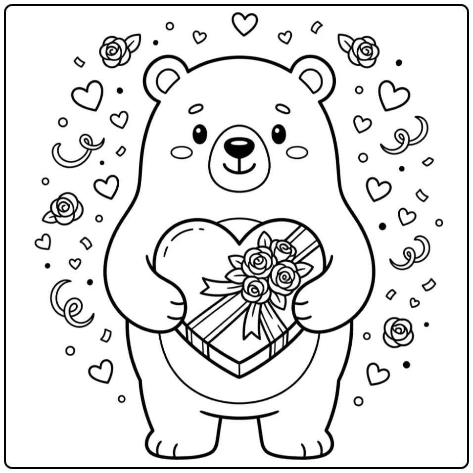 Een leuke kleurplaat valentijn beer met chocolade en hartjes.
