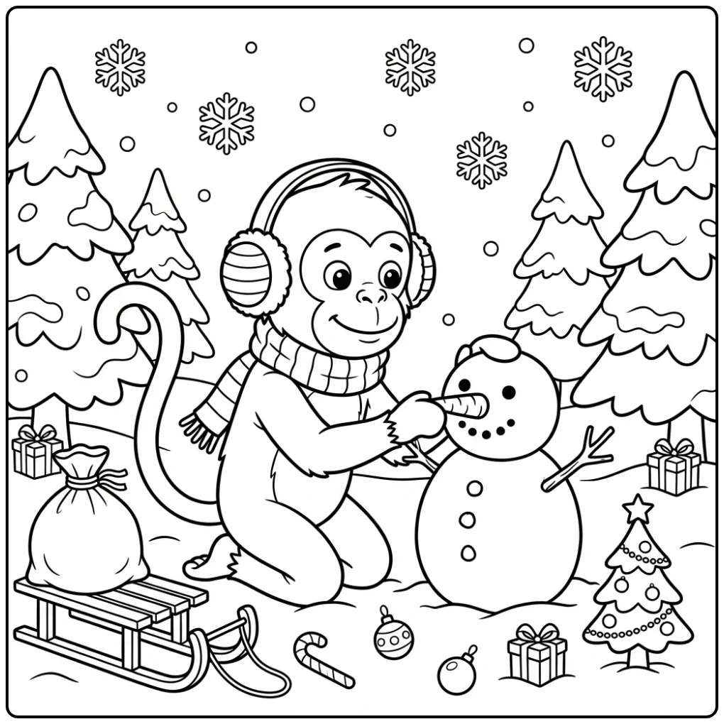 Leuke Kleurplaat van een aap voor Kerstmis met sneeuwpop