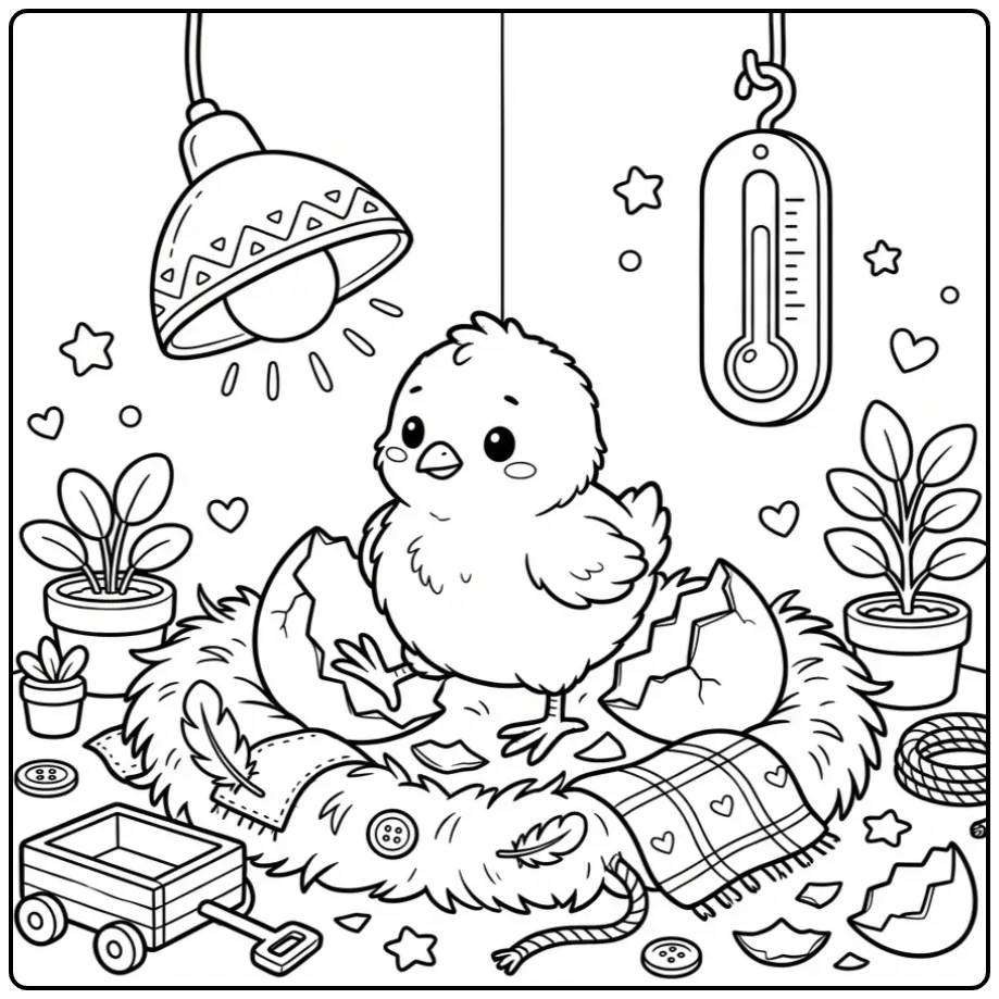 Schattige kleurplaat kuiken uit ei in een broedmachine.