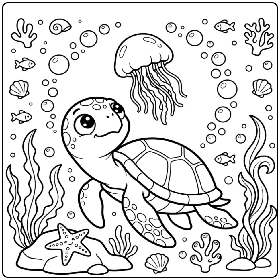 Kleurplaat schildpad en een kwal met zeewier en bellen.