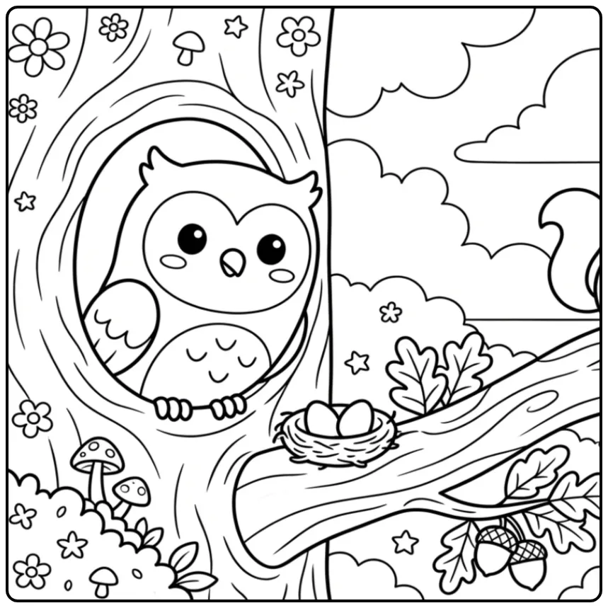 Een schattige kleurplaat uil op tak met eikels en blaadjes.