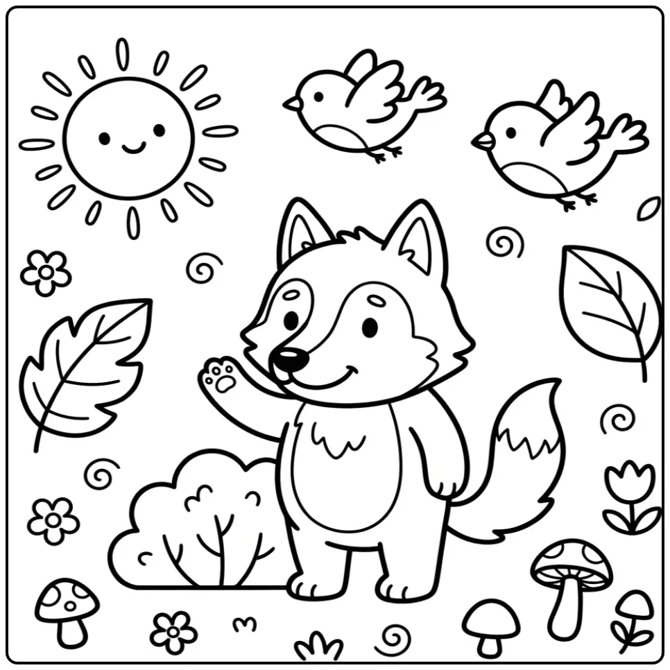 Vrolijke kleurplaat wolf makkelijk zwaait bij een struikje.