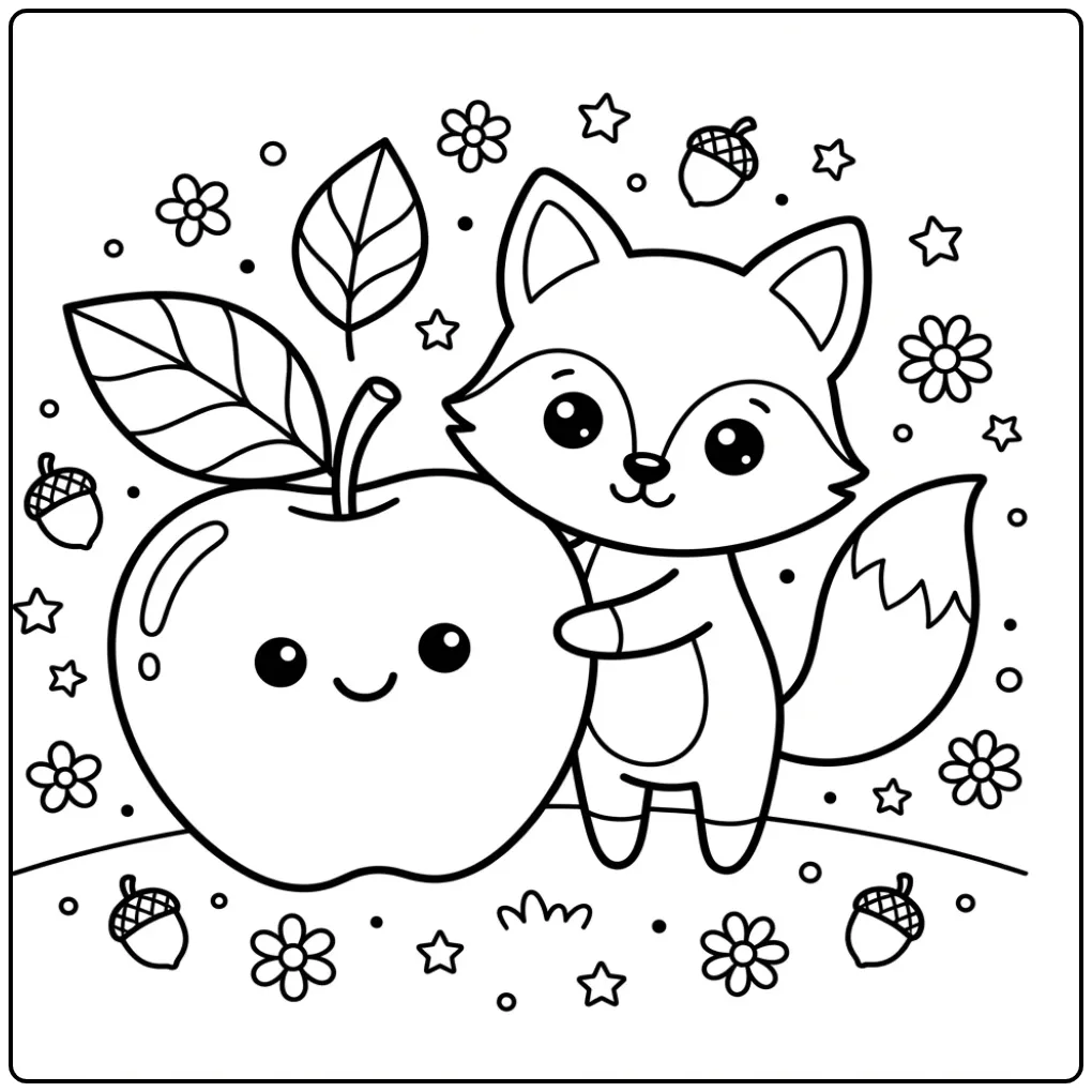 Een schattige vos kleurplaat makkelijk met een grote appel.