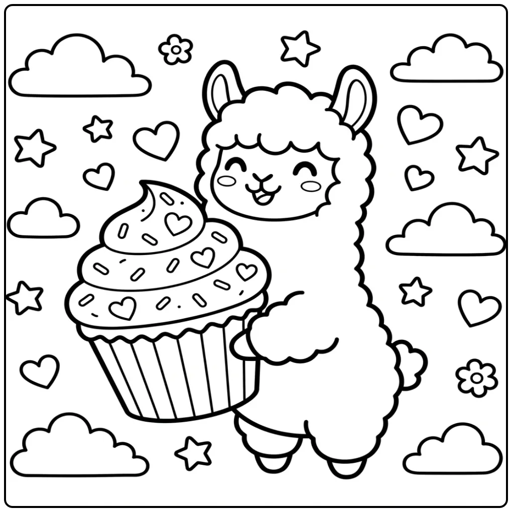 Een schattige alpaca kleurplaat met een grote cupcake.