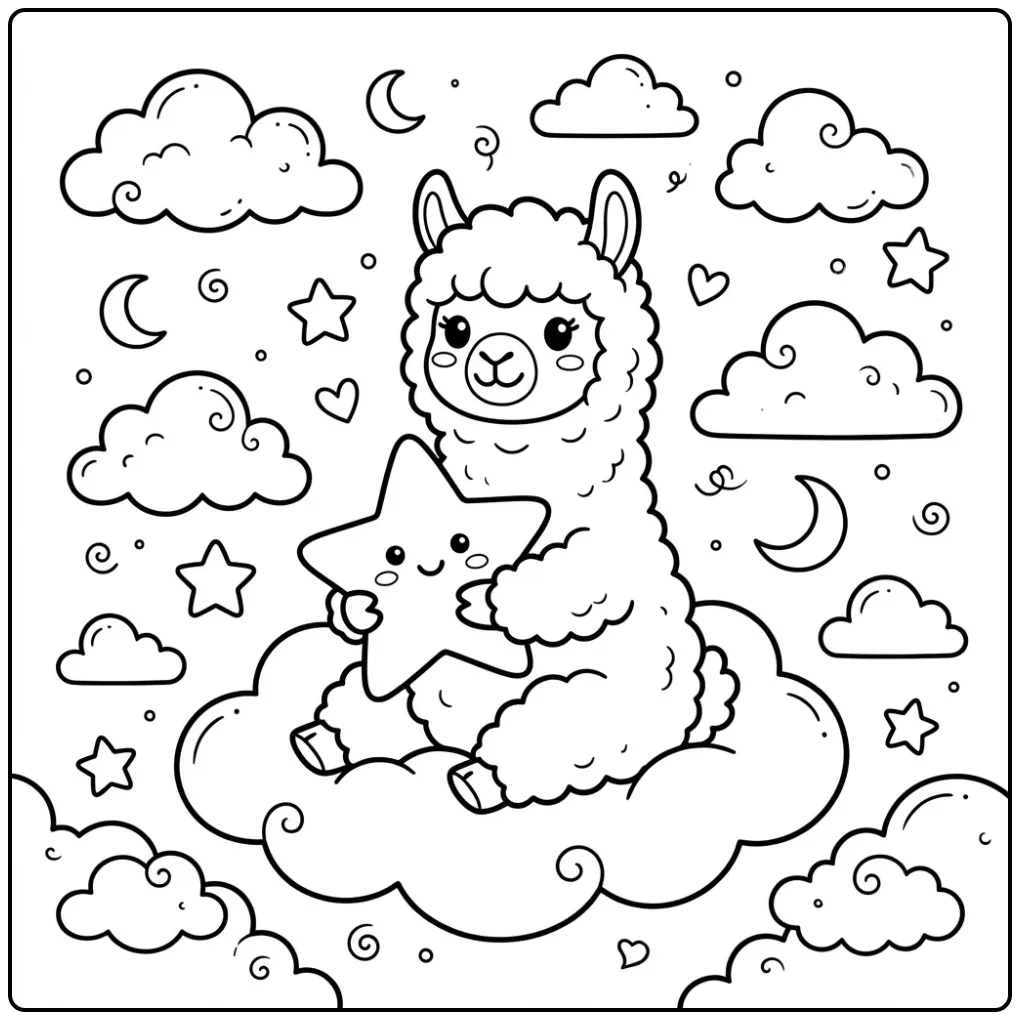 Een schattige alpaca kleurplaat op een wolk met een ster.
