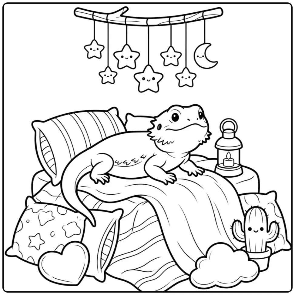 Schattige baardagaam kleurplaat in een gezellig kussenfort.