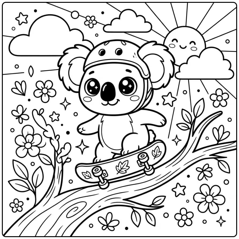 Een schattige koala kleurplaat op een skateboard met helm.