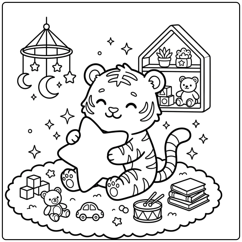 Een schattige tijger kleurplaat met sterrenkussen in bed.