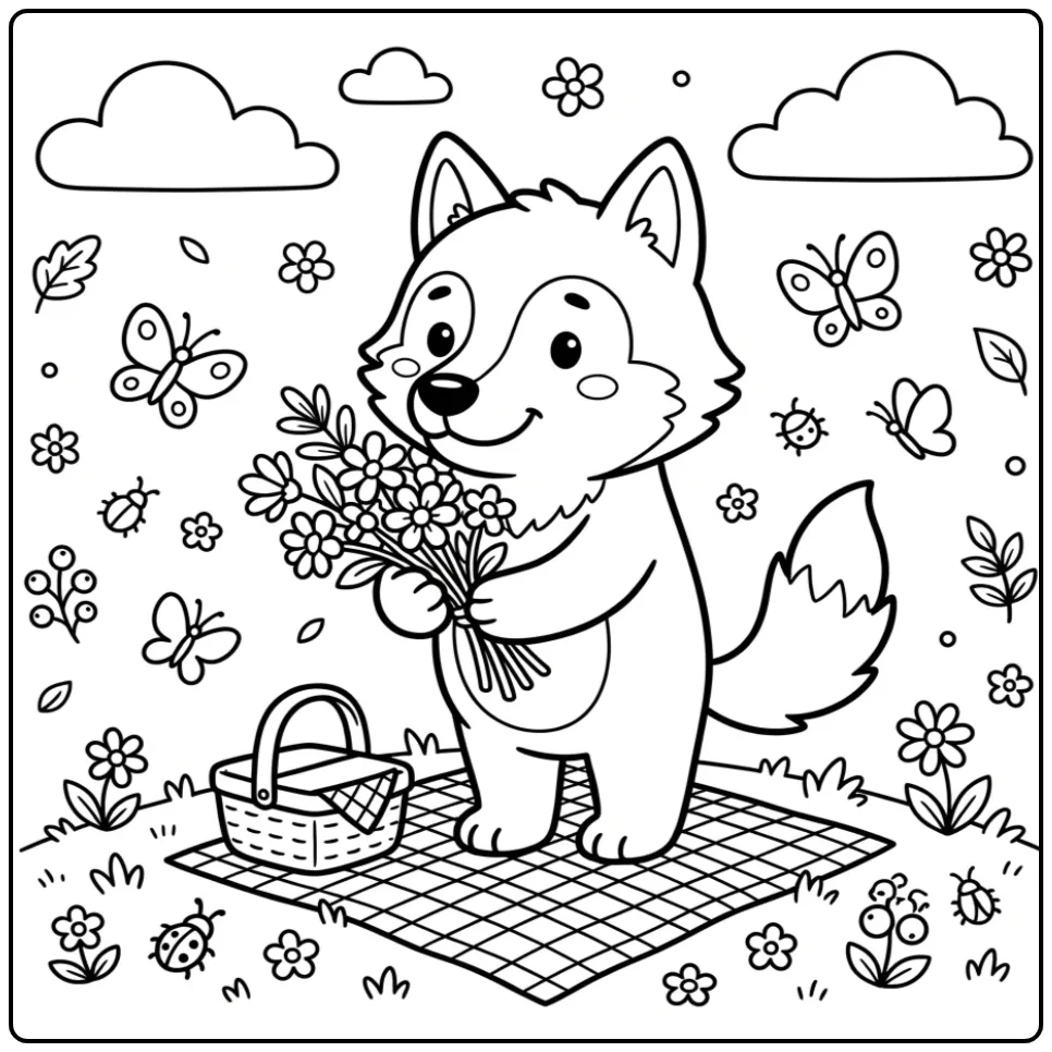 Een schattige wolf kleurplaat met bloemen en picknickmand.