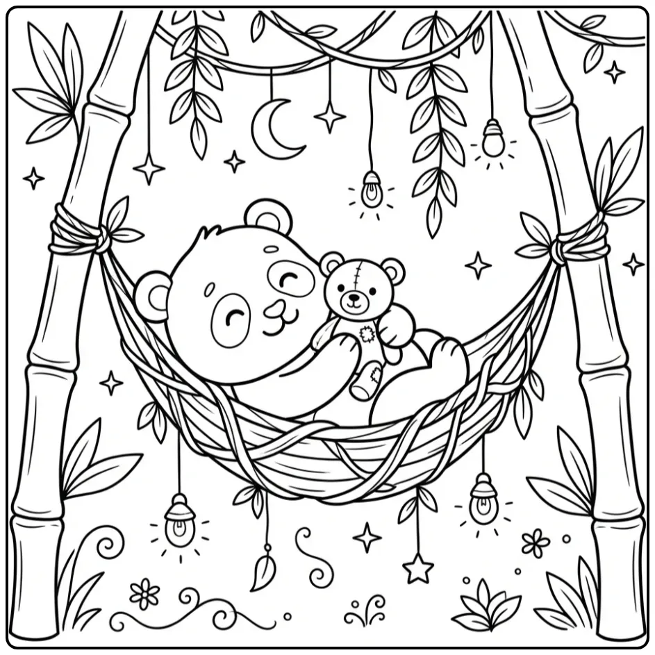 Schattige baby panda kleurplaat in een hangmat met knuffel.