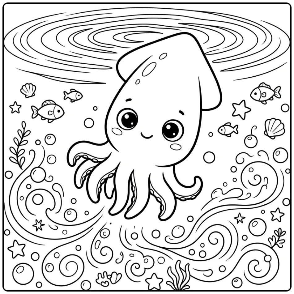 Schattige cartoon inktvis kleurplaat tekening.