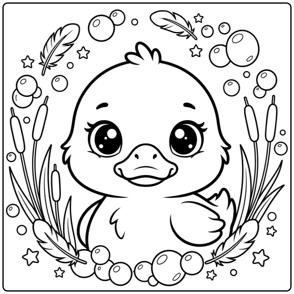 Schattige kleurplaat eendje met bubbels en sterretjes.