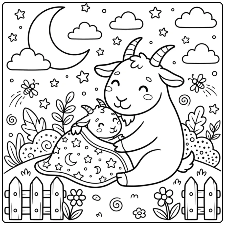 Lieve kleurplaat geit knuffelend met haar jong onder de maan.