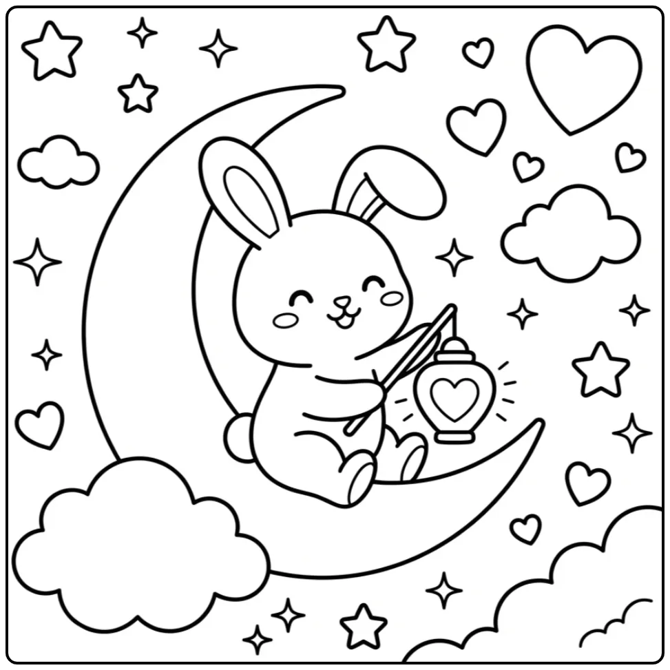 Schattige kleurplaat konijn met hart op de maan.
