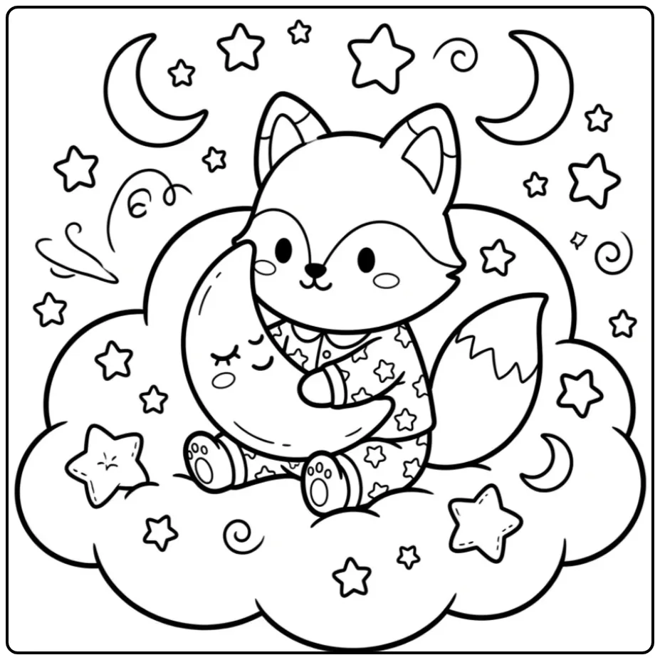 Een kleurplaat vos schattig in pyjama op een zachte wolk.