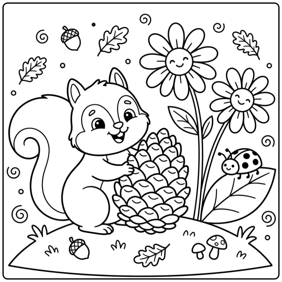 Lieve eekhoorn kleurplaat peuter tussen de madeliefjes.